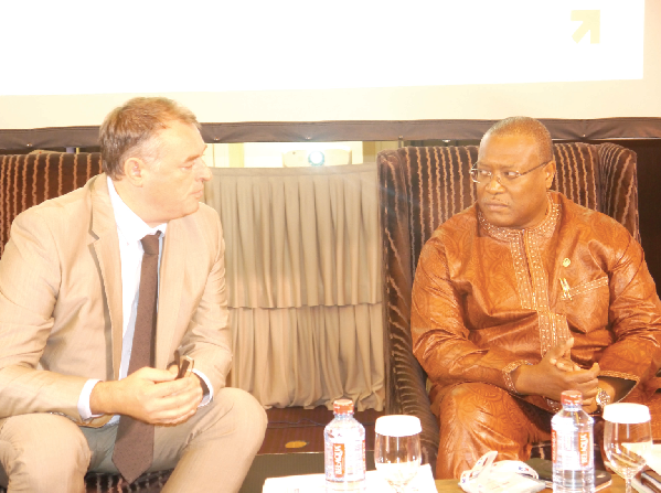 Mr Francois Pujolas, Ambassador of France to Ghana (left), and Mr Alexander Segbefia, Minister of Health, interacting at the Public-Private Partnership Forum. Ghana, France explore Public-Private Partnership opportunities